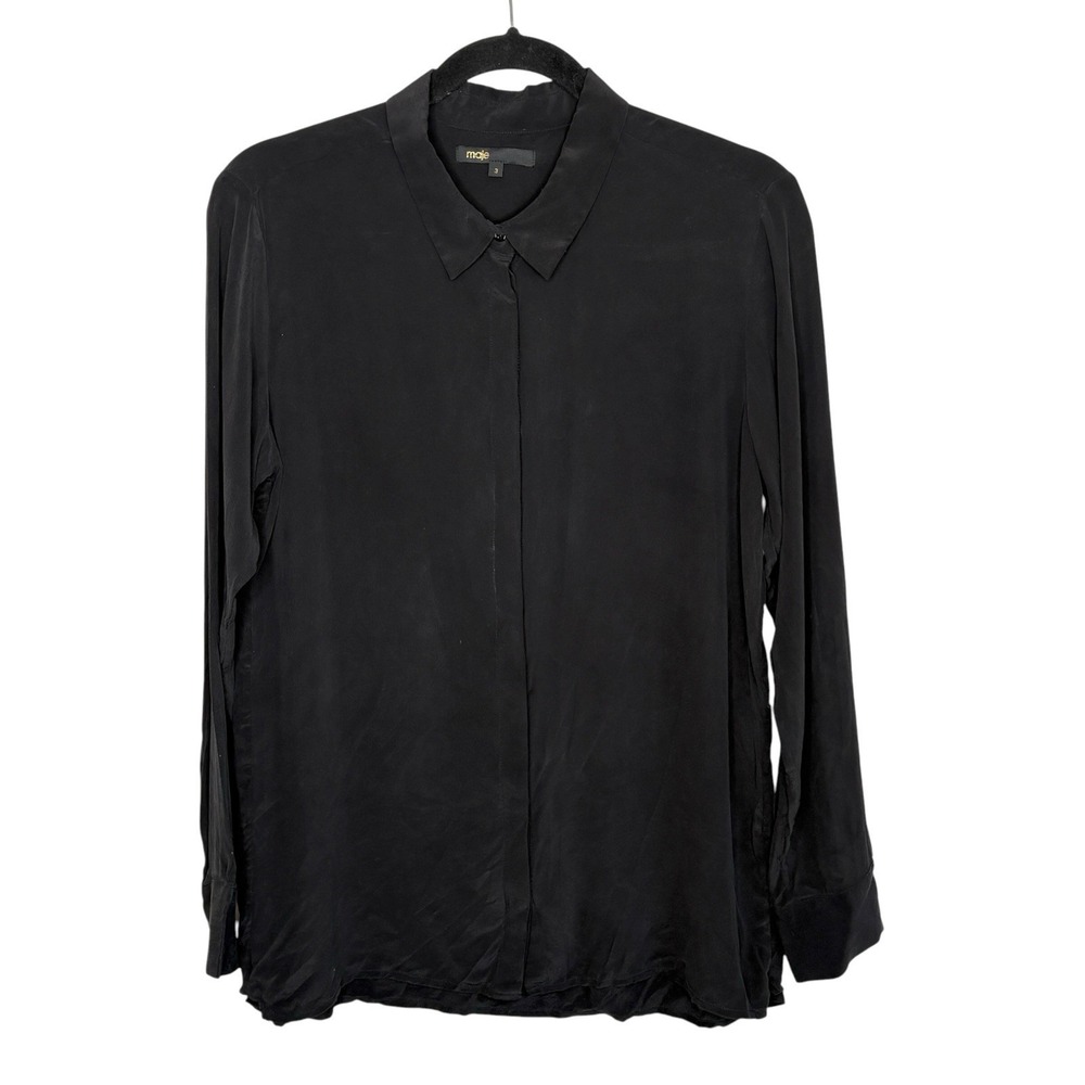 Maje Silk Button Shirt Top Sz 3 Large 90s Minimalist Designer Quiet Luxury Black